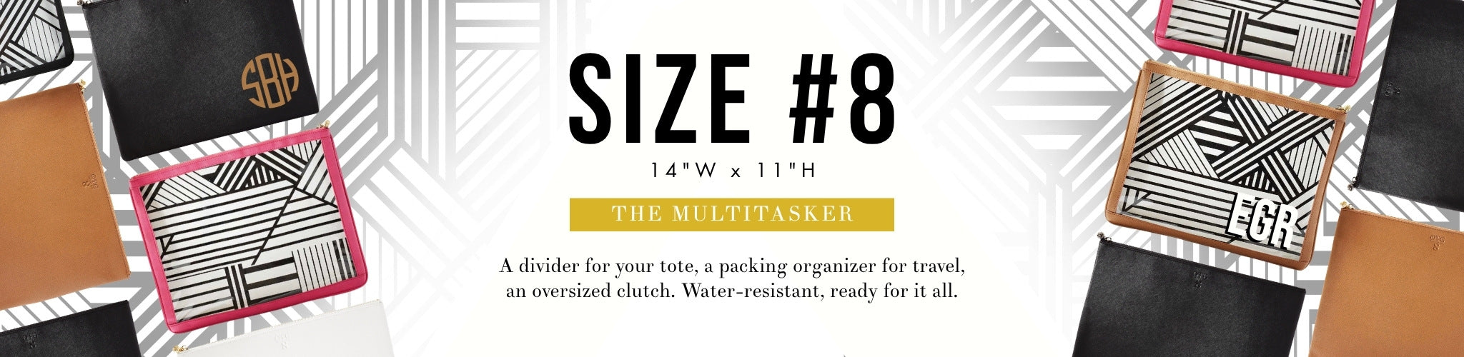 Size 8 OTG bags overlaying the OTG|247 Shay Stripe pattern with text title Size 8
