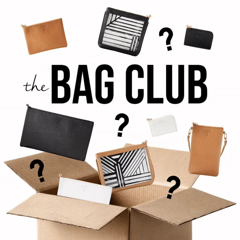 An open box of OTG|247 pouches in assorted colours and prints, with question marks for the surprise bags, under The Bag Club logo.