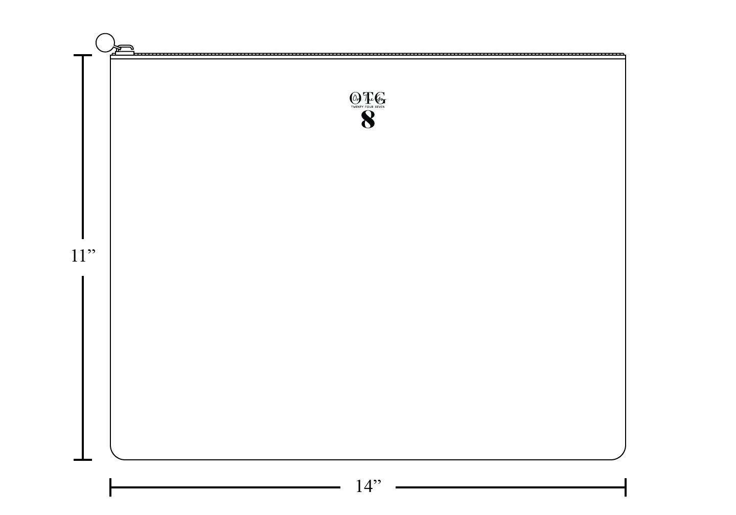 Line diagram of the OTG|247 size #8, with dimension lines marking 14 inches wide by 11 inches tall.