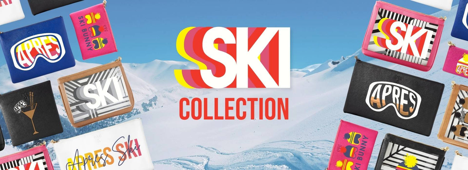 Promotional banner for the OTG247 Ski Collection displaying various bags from the collection over a ski mountain background.