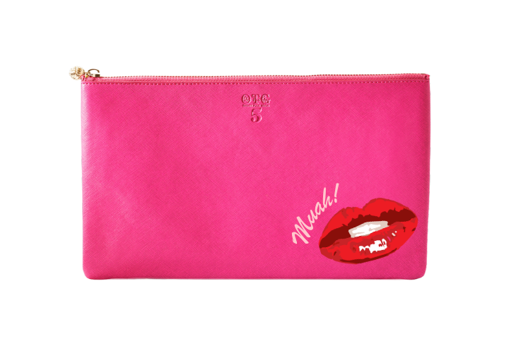 OTG|247 #5 Hot Pink Viv Lips Clutch, hot pink vegan leather with a red Muah! lips graphic and gold knot zipper pull