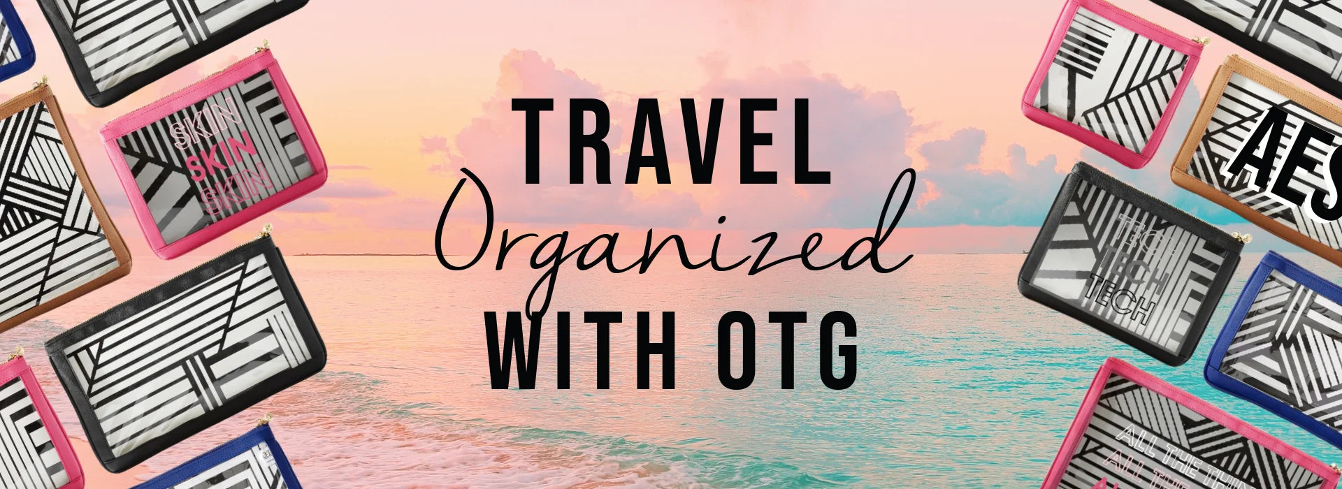 Promotional banner for travel organization with OTG, featuring colorful makeup bags on a gradient background.