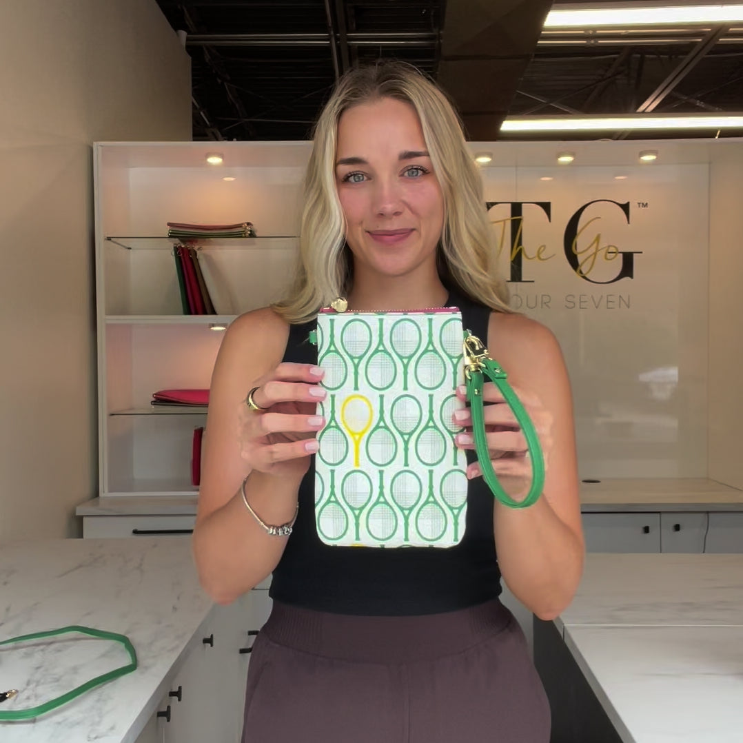 Load video: #1 Caren Racquet Green Crossbody/Wristlet